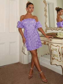SHEIN 女款露肩 3D 花朵裝飾優雅收腰派對洋裝 - 紫色 - 查看 5