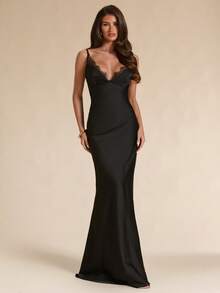 SHEIN BAE Spring/Summer Solid Black Satin Elegant Sexy Lace Patchwork Women's Extra Long Satin Dress Dinner Date - Black - View 6