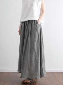 SHEIN Rok Panjang Sedang Gaya Vintage Warna Polos Terbaru untuk Wanita, Musim Semi, Musim Panas, dan Musim Gugur, Bahan Rami Linen Longgar, Dengan Saku, Desain Kasual Elegan untuk Musim Semi dan Musim Gugur - Grey - View 3