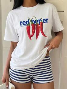 SHEIN EZwear 女款 T-Shirt 與短褲套裝，休閒極簡日常百搭派對聚會機場穿搭 Y2K 上衣，辣椒英文條紋印花圖案，女款夏季套裝，外出穿著 - 彩色 - 查看 3