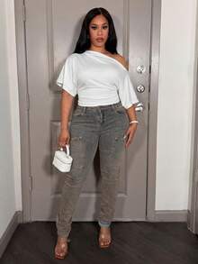SHEIN PETITE CURVE 大尺碼女款不對稱領褶皺腰蝙蝠袖T恤 - 白色 - 查看 7