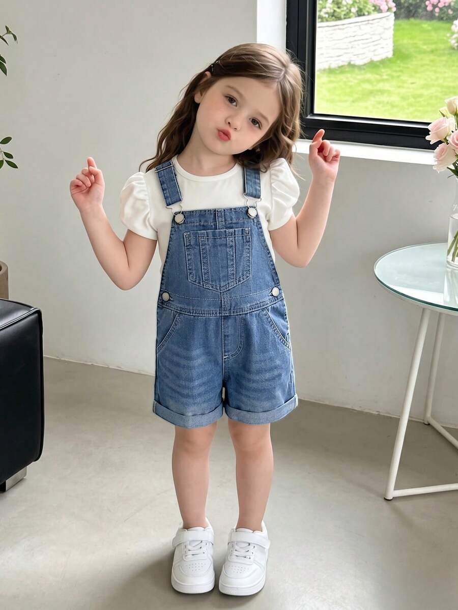 SHEIN Girls' Summer New Basic Mid-Blue Washed Cotton Denim Overall Straight Leg Shorts, Soft Cotton Fabric, Suitable For Holiday, Daily Wear, School, Commute, Party, Festival - Light Wash - View 1