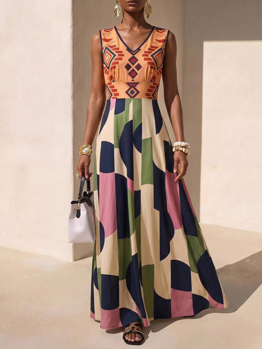 Zivah Neues Sommer Boho Urlaubs-Maxikleid für Damen, locker geschnitten, mehrfarbig mit geometrischem Retro-Muster, Rundhalsausschnitt, ärmellos, A-Linie, geeignet für Alltag, Urlaub, Musikfestivals, Reisen, Strand, Party, Flughafen-Outfits, Brunch-Outfits, Boho, Nomadisch, Casual, Pendeln, Abschlussfeier-Outfit, Country-Konzert-Outfit-Z - Verschiedenfarbig - Übersicht 1