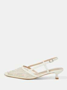 CUCCOO HITCHD Women Shoes Multicolor Mesh Embroidery Pearl Tips, Backstrap Sandals, Low Heel Design, Commuter Dating Wedding Daily Gentle Style Women's Shoes - White - View 2