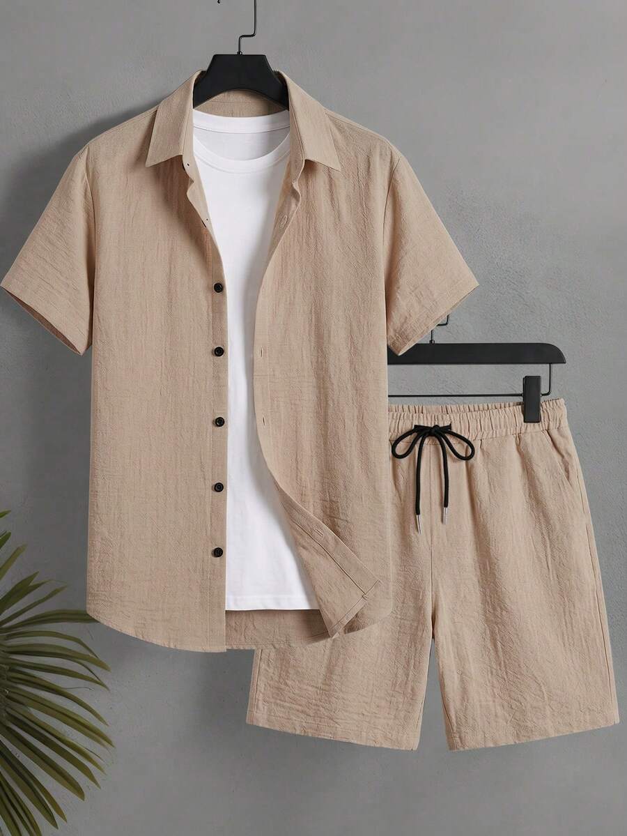 Surfspeed Men's Textured Solid Color Single-Breasted Short Sleeve Shirt And Drawstring Waist Pocket Shorts Beach Set - Khaki - View 1