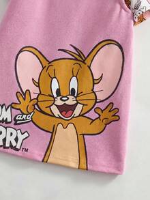 TOM & JERRY X SHEIN 女嬰卡通印花圓領短袖T恤與吊帶裙休閒日常套裝 - 粉色 - 查看 6
