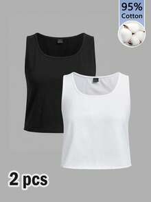 SHEIN EZwear 女款 2 件組 95% 棉 黑色/白色 U 領背心上衣－居家休閒/通勤/旅行/運動/健身房/學校 - 彩色 - 查看 1