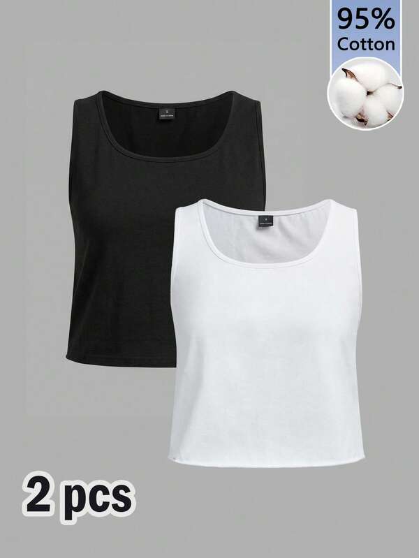 SHEIN EZwear Women's 2 Packs 95 Cotton White Black U-Neck Tank Tops-Lounge/Commute/Travel/Sport Casual/Gym/School City Break Daytime Everyday Going Out Summer