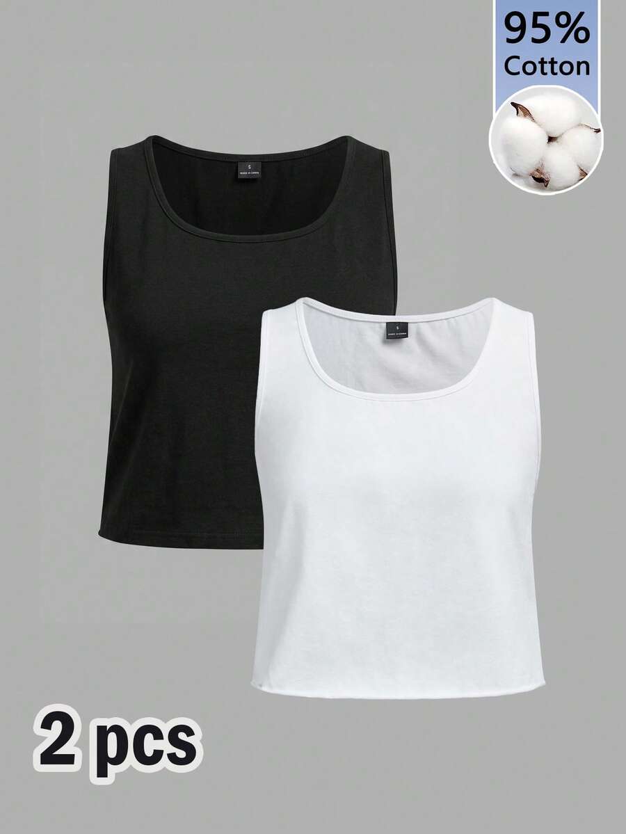SHEIN EZwear 女款 2 件組 95% 棉 黑色/白色 U 領背心上衣-居家休閒/通勤/旅行/運動/健身房/學校 - 彩色 - 查看 1