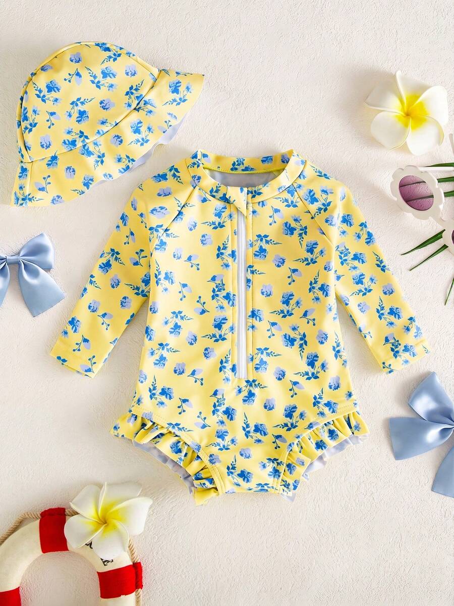 SHEIN Newborn Small Floral Print One-Piece Swimsuit - Mustard Yellow - View 1