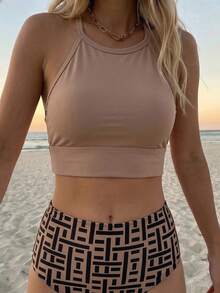 Vaclyn Vacation Beach Solid Color Halter Top Geometric Print Triangle Bottom Tankini Set - Multicolor - View 4