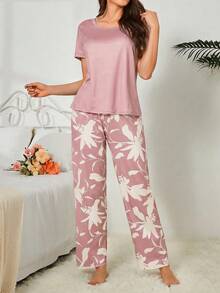 SHEIN 女款休閒花卉印花睡衣套裝 - 粉色 - 查看 3