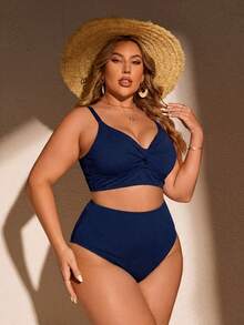 SHEIN Swim Curve 大尺碼女款夏季海灘純色抓皺細肩帶比基尼上衣與三角褲兩件式泳衣套裝 - 藏蓝色 - 查看 5