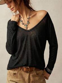 Bohemela Casual Plain Vacation Solid Color Knit Women's T-Shirt Everyday Black Autumn Everyday Travel - Black - View 7