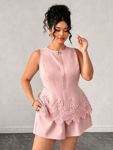 SHEIN Clasi Plus Size Women's Elegant Dusty Pink Hemline Patchwork Lace Button Decor Shirt, Summer 2-Piece Set Dyed Tank Top, Sleeveless Party Formal Evening Prom - Pink - View 4