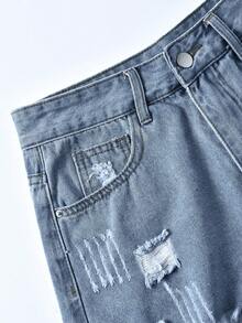 Rivivi Women's High Waist Pocketed Distressed Frayed Hem Casual Denim Shorts - Blue - View 4