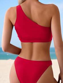 SHEIN Swim 女士纯色泳装套装，适合度假和海滩穿着 - 紅色 - 查看 2