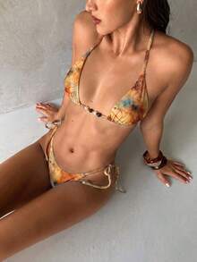 Aloruh 女款夏季新款比基尼套裝，紮染漸層印花圖案，性感派對音樂節全息貝殼裝飾泳裝沙灘裝度假穿搭 - 棕色 - 查看 1