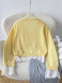SHEIN Tween Girl 淺黃色對比蕾絲飾邊開襟透視針織外套 - 黃色 - 查看 2