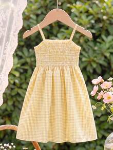 SHEIN Young Girl' Plaid Minimalist Casual Strap Dress - Yellow - View 3
