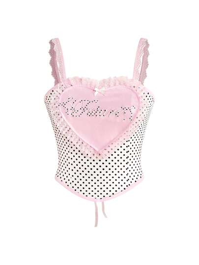 Sweetness Damen Coquette Polka Punkt & Herz Spitzenbesatz Cami Top