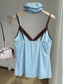 Comfortcana Spring Summer Light Blue Colorblock Patchwork Front Tie Bow Casual 1950s Vintage 1950s Vintage Plus Size Camisole Tank Top Date Night Vacation - Baby Blue - View 2