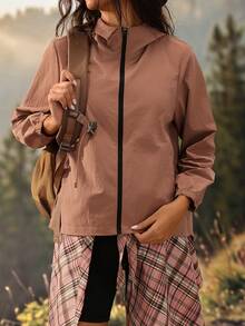 Exploreva Exploreva Women's Hooded Outdoor Sports Casual Modest Softshell Jacket Traveling Black Autumn Camping Outfit - Brown - View 9