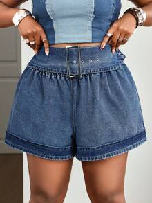 Slaydiva Plus Size Women's Non-Stretch Denim Shorts, High Waist Metal Button Decor Casual Loose Fit Denim Shorts, Cowboy Outfits For Women Navy Blue Summer - Medium Wash - View 7