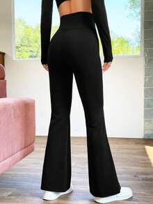 SHEIN EZwear 黑色高腰修身喇叭褲女款長褲 - 黑色 - 查看 3