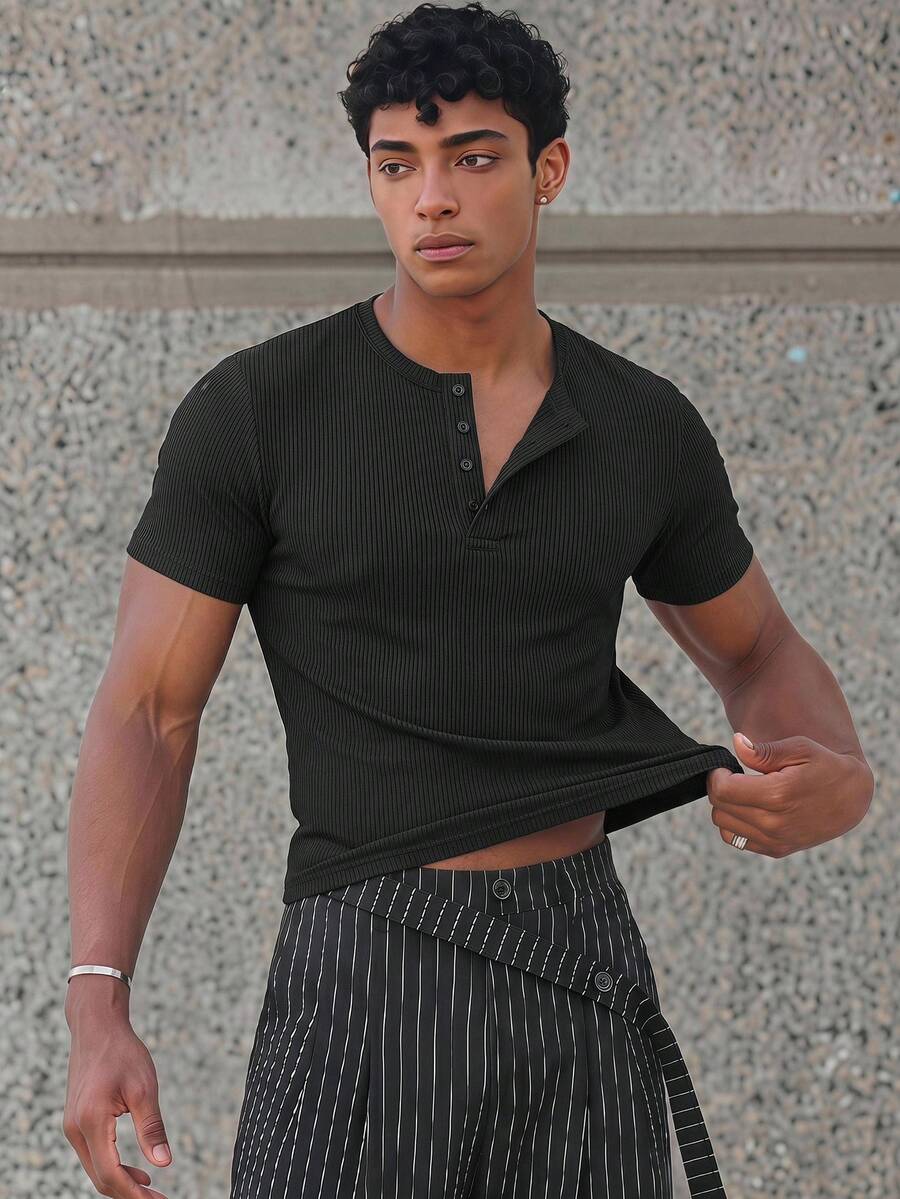 ESTAVOR Men's Fashion Versatile Ribbed Button Half-Placket Short Sleeve T-Shirt - Black - View 1