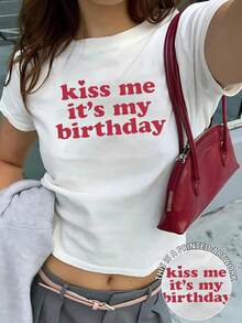 INAWLY Y2k Slogan Printed Cropped T-Shirt For Summer It's My Birthday Graphic Tees Women Tops - White - View 1