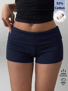 SHEIN BASICS Celana Pendek Rajut Kasual Wanita Warna Polos, Musim Panas - Navy Blue - View 1