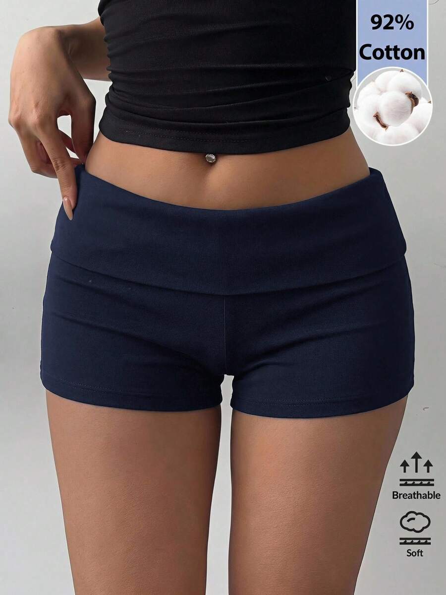 SHEIN BASICS Celana Pendek Rajut Kasual Wanita Warna Polos, Musim Panas - Navy Blue - View 1