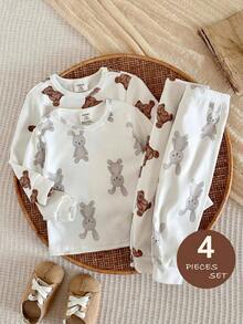 LMoss Kids Conjunto de 4 piezas de ropa de estar en casa para bebé niño con camiseta de cuello redondo de punto con estampado lindo de conejo & oso + pantalones largos de ajuste ceñido - Multicolor - Ver 12