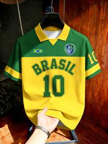 Aesthetic Post 復西隊風格黃綠拼色徽章印花足球短袖 Polo 衫，美國 BRASIL #10 印花翻領襯衫，男士圖案 T 恤，男士時尚休閒運動球衣上衣，足球，足球用品 - 彩色 - 查看 3