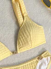 Swim Mod Set bikini jacquard floreale con coppe triangolari modellante per donne, per sorgenti termali & vacanze - Giallo - Visualizzare 5