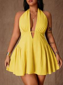 Rustia Vestido de Talla Grande con Diseño Sexy y Elegante, Escote Profundo en V, Cuello Halter con Lazo y Cintura Ceñida - Amarillo - Ver 4