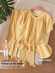 CosyJoli 女款大尺碼 2 件套 紋理面料 日常百搭 通勤休閒 黃色 2 件套 - 黃色 - 查看 6