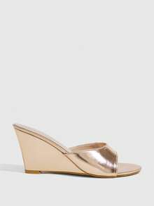 CUCCOO SZL Women Shoes Spring And Summer Classic Simple Fashion Metal Texture Champagne Wedge Sandals Dating Banquet Sexy Wear - Champagne - View 2