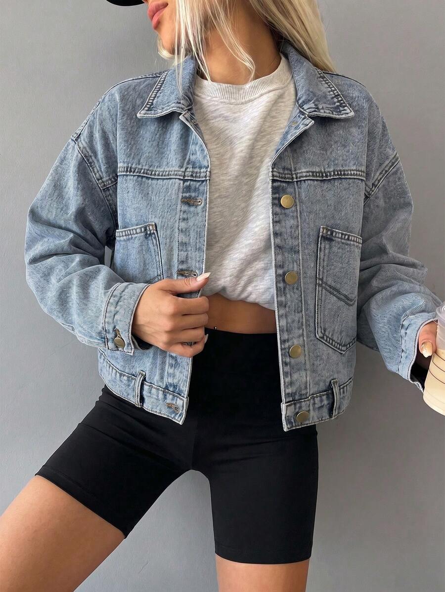 SHEIN 青少年女孩牛仔夾克外套,休閒時尚復古個性全季款,工裝酸洗牛仔上衣夾克,長袖藍色外套,休閒運動風 - 淺色水洗藍 - 查看 1