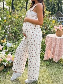 SHEIN 孕婦小碎花牛仔吊帶褲 - 白色 - 查看 4