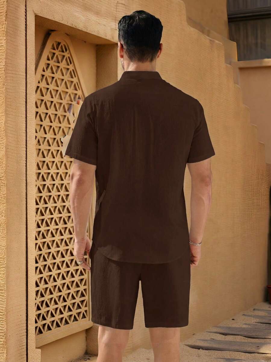 HIMLAND Men's Shirt And Shorts Fashion Modest Casual Set Vacation Dark Brown Summer - Brown - View 1