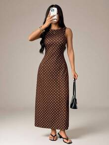 SHEIN PETITE Women's Elegant Vintage Polka Dot Print Backless Tie-Waist Sleeveless Dress, Summer Long Brown And White Polka Dot Split Sundress, Petite Vacation - Brown - View 1