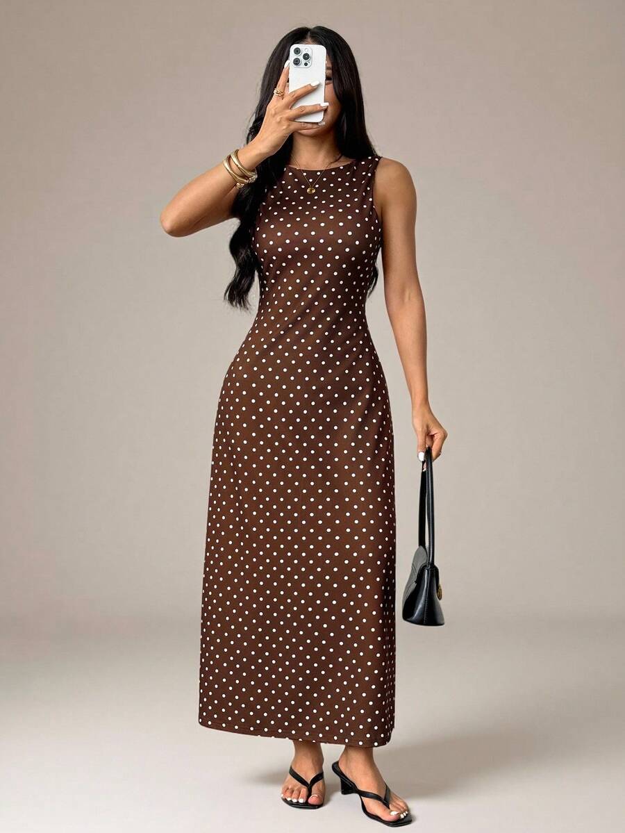 SHEIN PETITE Women's Elegant Vintage Polka Dot Print Backless Tie-Waist Sleeveless Dress, Summer Long Brown And White Polka Dot Split Sundress, Petite Vacation - Brown - View 1