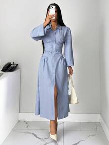 SHEIN PETITE 女款端莊時尚新款亞麻長洋裝，開衩壓褶腰部A字裙，優雅長洋裝，女款度假陽光洋裝，仿亞麻飄逸長洋裝，女款條紋喇叭袖單排扣腰部抓皺休閒襯衫洋裝 春季 - 藍色 - 查看 5