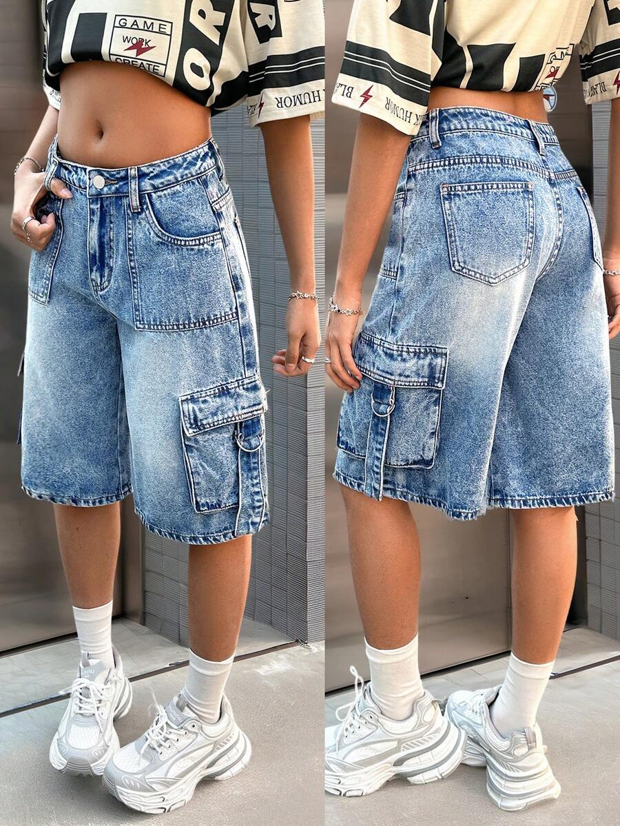 SHEIN 青少年女孩夏季休閒水洗工裝牛仔短褲 - 淺色水洗藍 - 查看 1