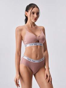 Loungeista 1 set Soutien-gorge et culotte français sexy et ajourés pour femmes, confortable et sans fil. Débardeur imprimé de lettres, beau dos, rembourrage de poitrine enveloppé. Ensemble de soutien-gorge de sport. - Rose bonbon - Voir 5