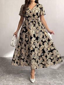 Modelyn Casual Elegant Minimalist Retro Floral Pattern Loose Plus Size Dress Suitable For Summer Vacation Black And White - Multicolor - View 5