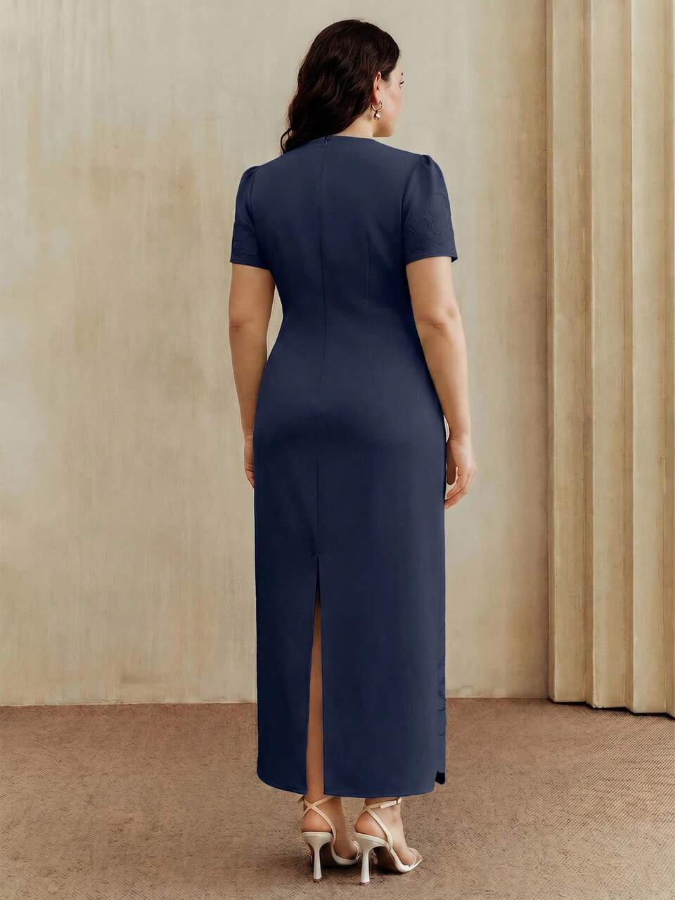 Plus Size Women Navy Blue Hollow Embroidery Pearl Decor Short Sleeve Long Dress,Elegant Wedding Guest Autumn Luxury Party Vacation Dress