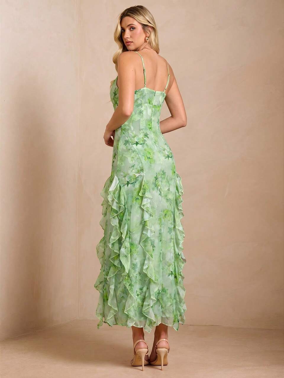 Enchnt Women's Summer Elegant Romantic Floral Print Ruffle Hem High Slit Spaghetti Strap Dress Wedding Vacation Green Floral Holiday